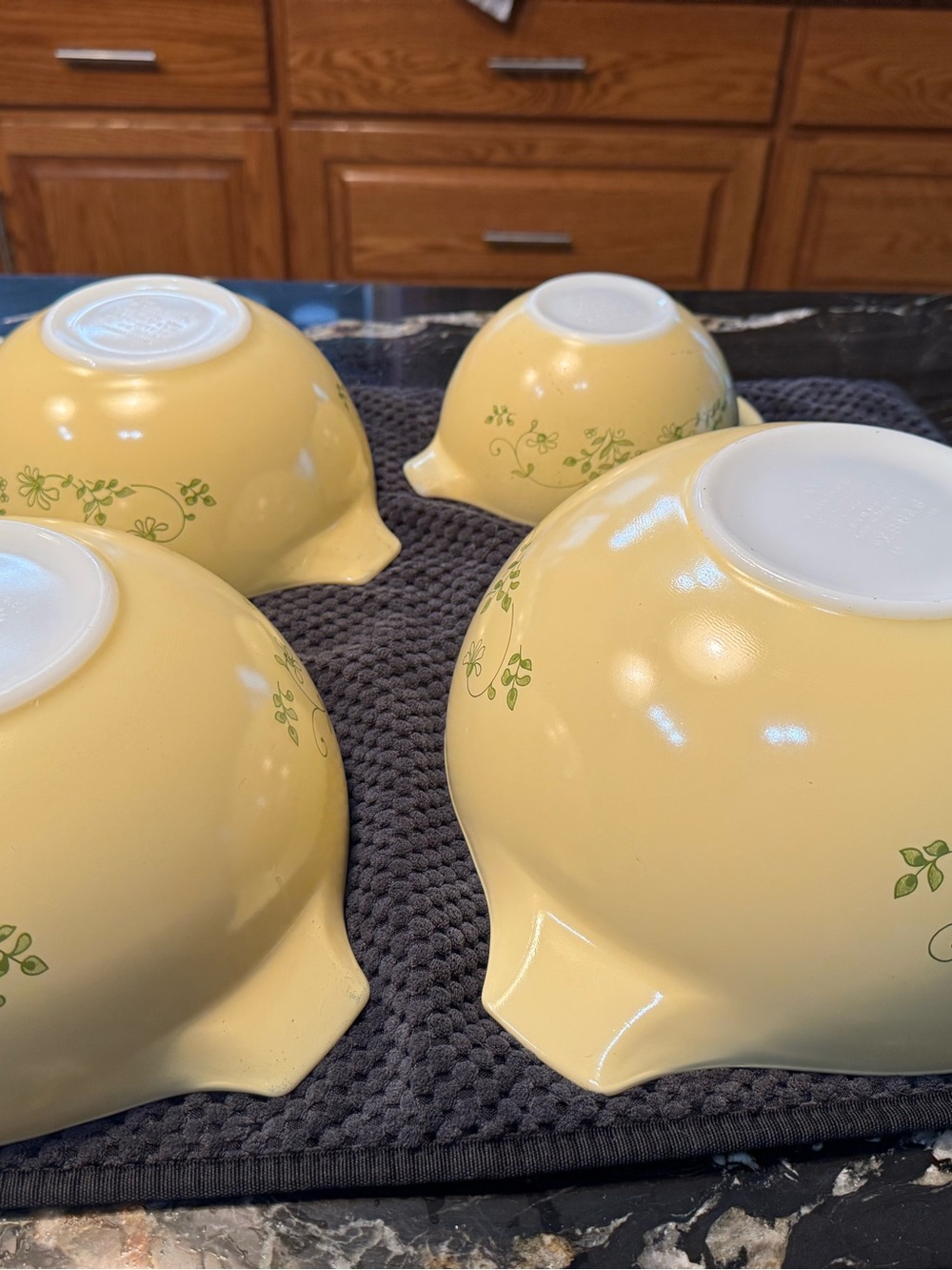 Pyrex Vintage Yellow Mixing Bowls with Green Floral Detail 4pc set